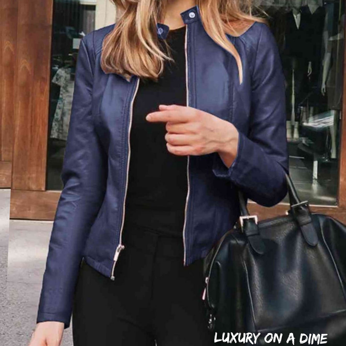 Chic Moto Vegan Leather Jacket Zip-up Sleek Snap Mock Neck