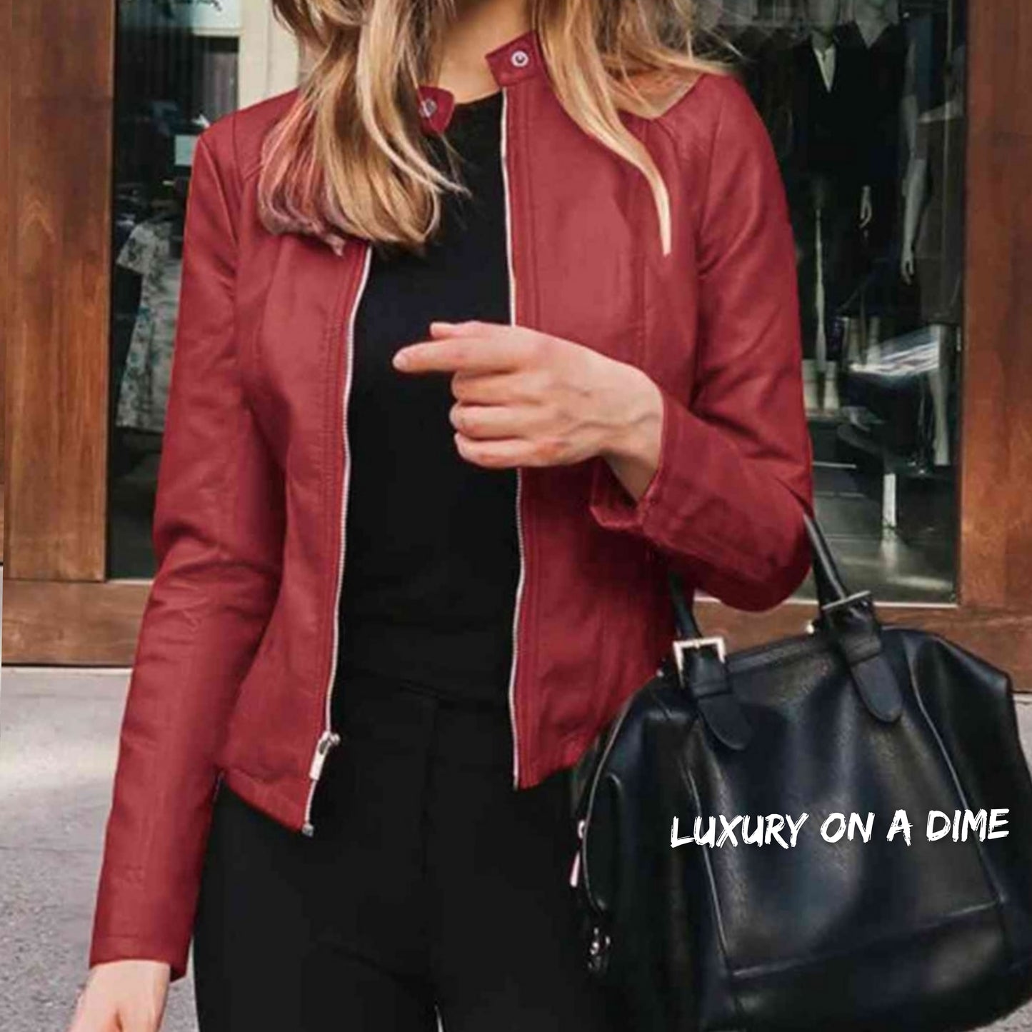 Chic Moto Vegan Leather Jacket Zip-up Sleek Snap Mock Neck