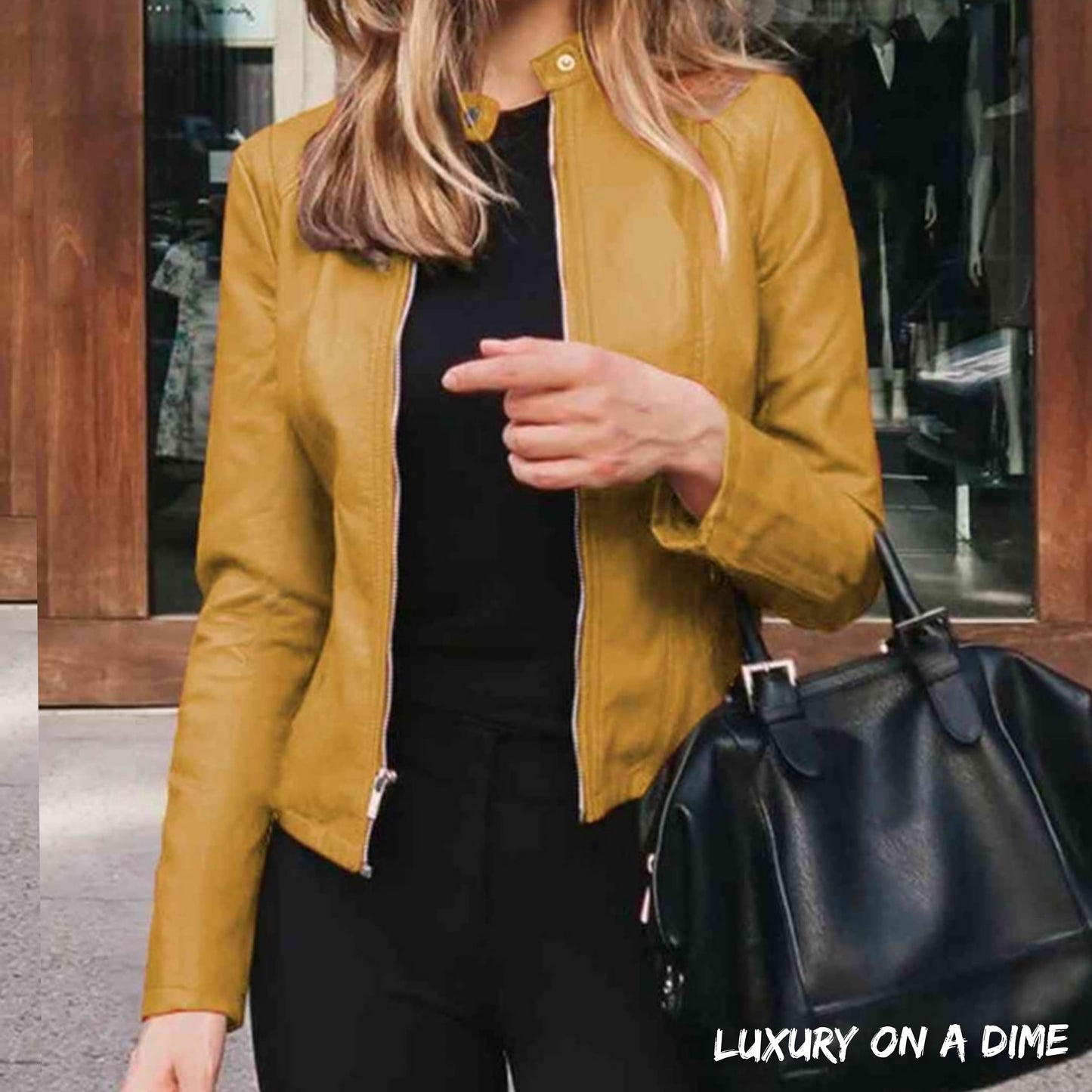 Chic Moto Vegan Leather Jacket Zip-up Sleek Snap Mock Neck