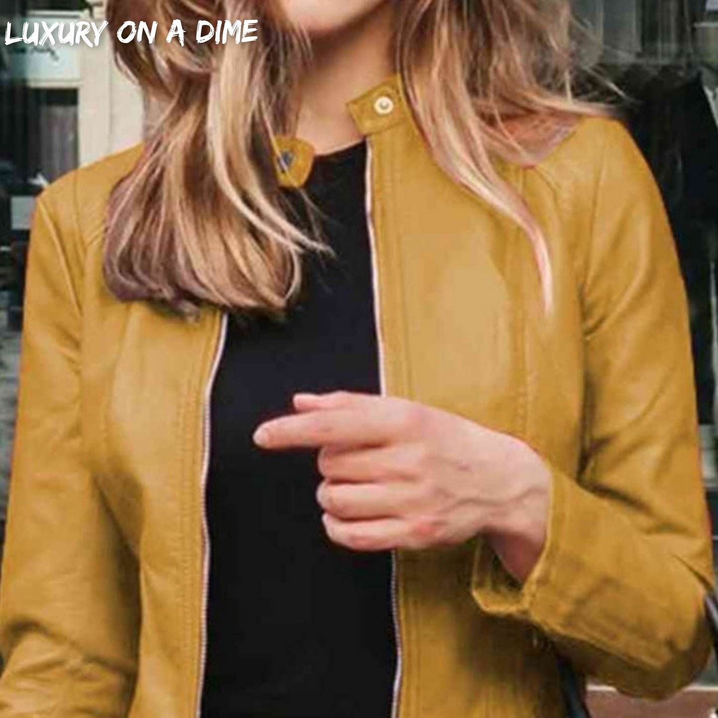 Chic Moto Vegan Leather Jacket Zip-up Sleek Snap Mock Neck