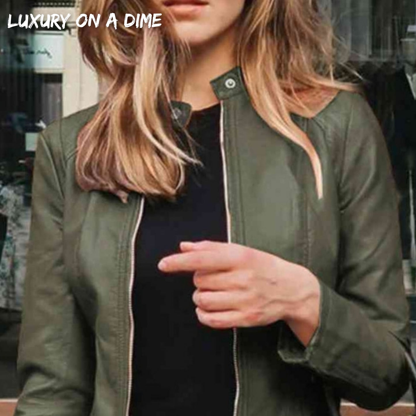 Chic Moto Vegan Leather Jacket Zip-up Sleek Snap Mock Neck