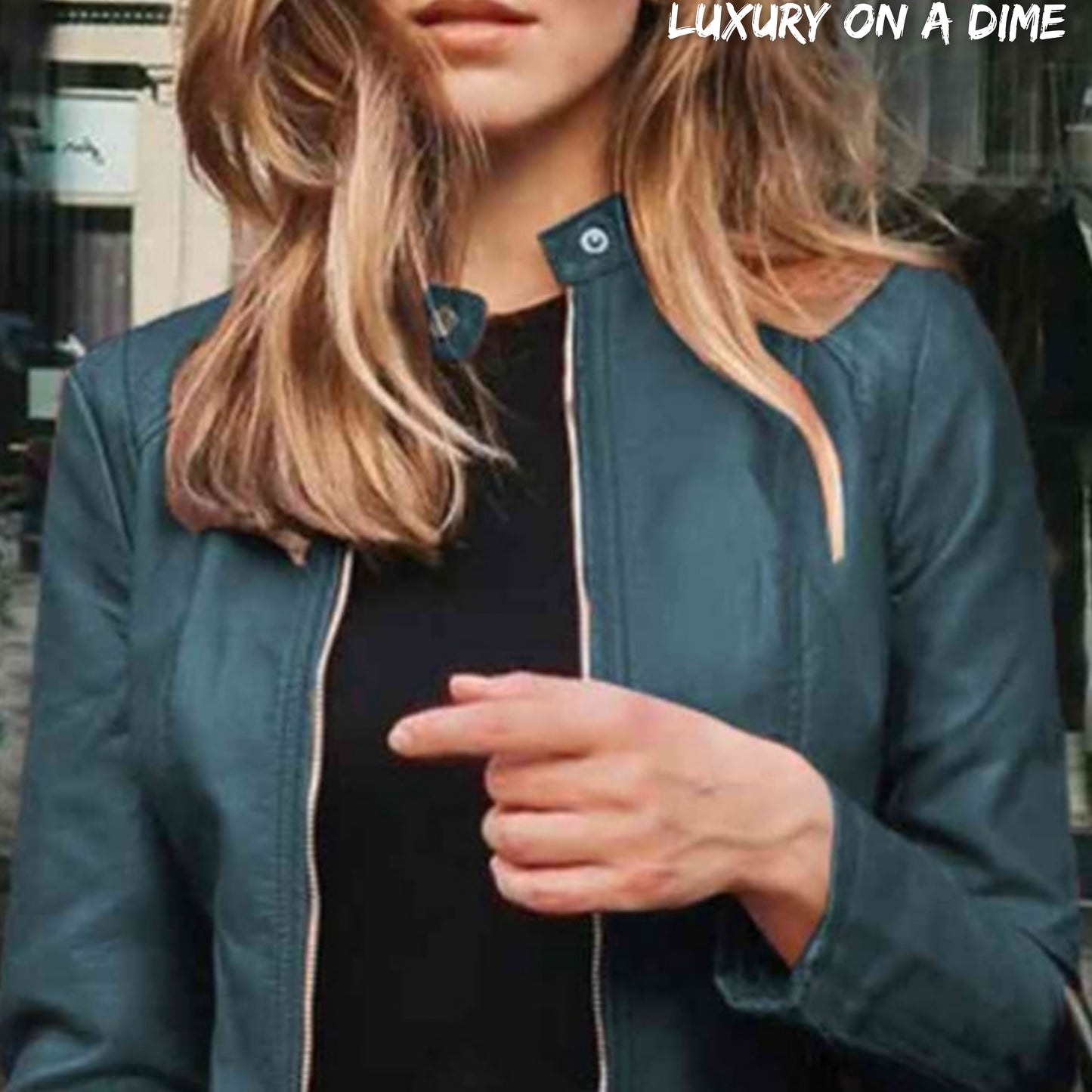 Chic Moto Vegan Leather Jacket Zip-up Sleek Snap Mock Neck