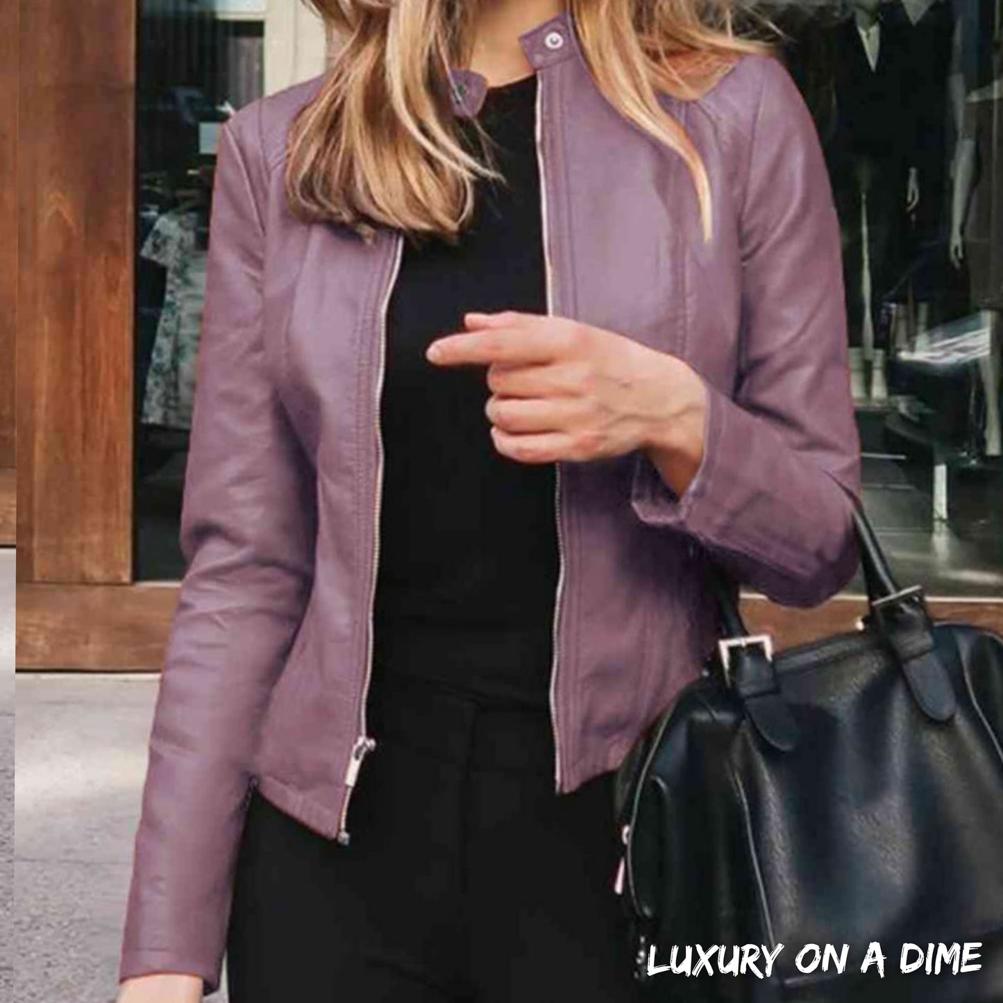 Chic Moto Vegan Leather Jacket Zip-up Sleek Snap Mock Neck