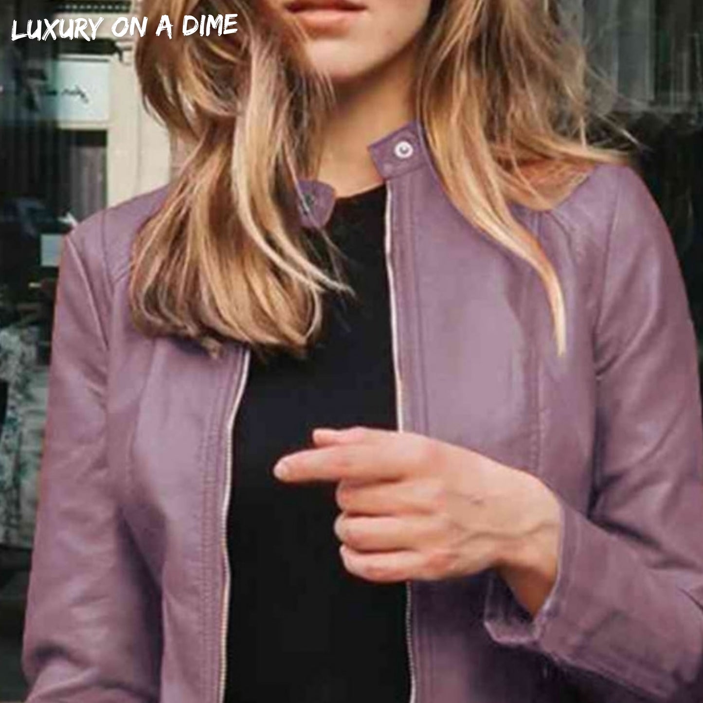 Chic Moto Vegan Leather Jacket Zip-up Sleek Snap Mock Neck