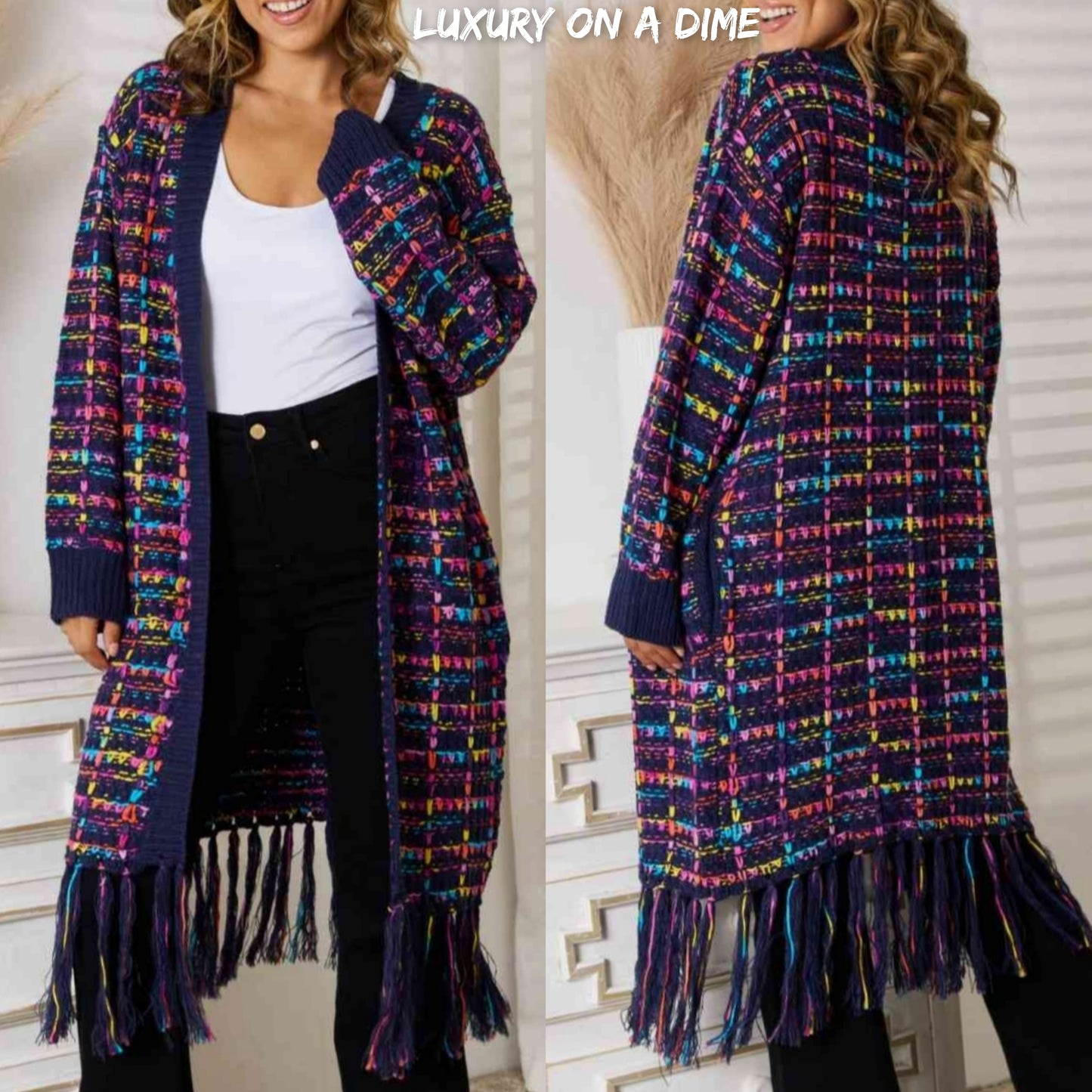 Bold Retro Knit Colorful Fringe Hem Longline Duster Sweater Pocket Cardigan