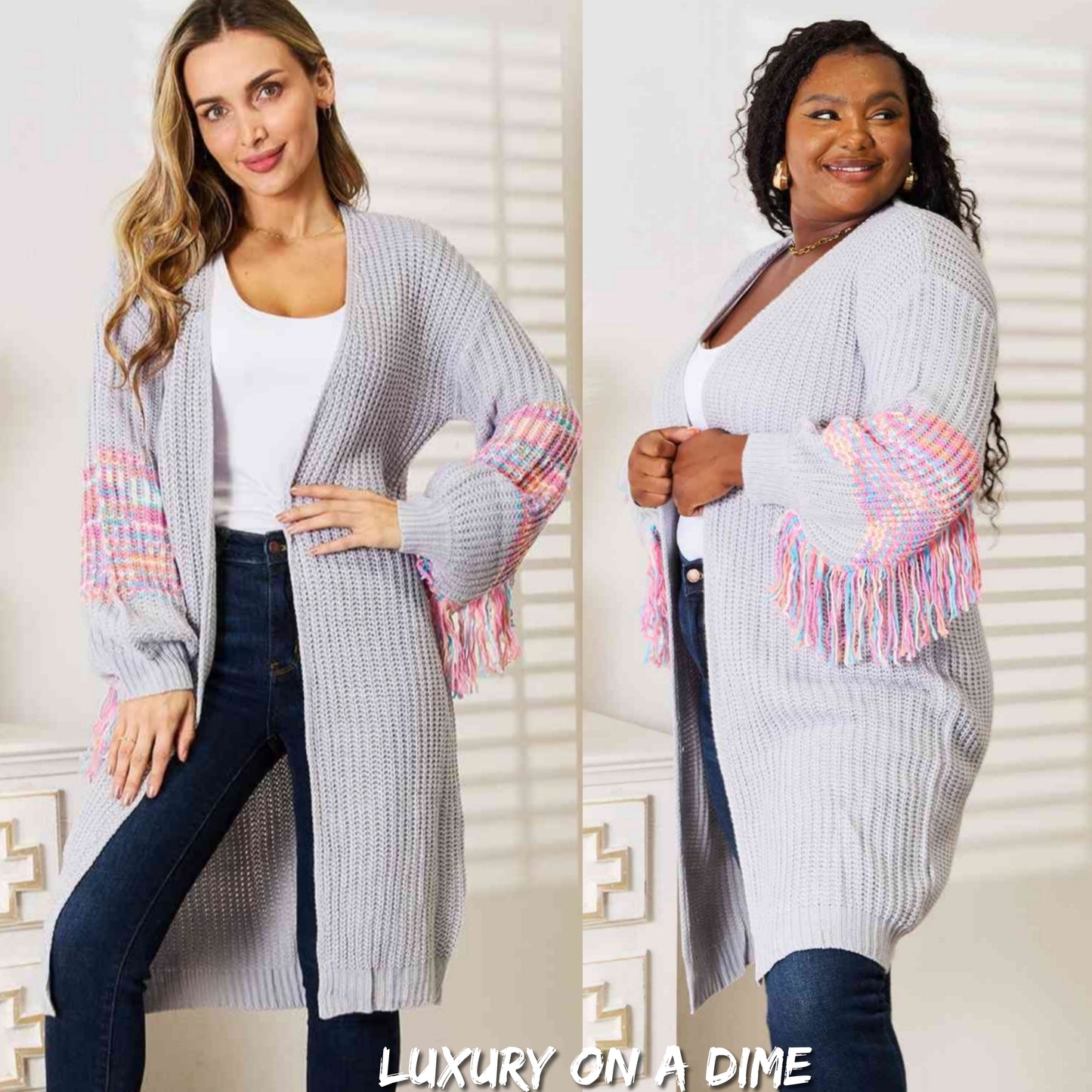 Fringe Retro Waffle Knit Cardigan Sleeve Colorful Open Front Sweater Duster