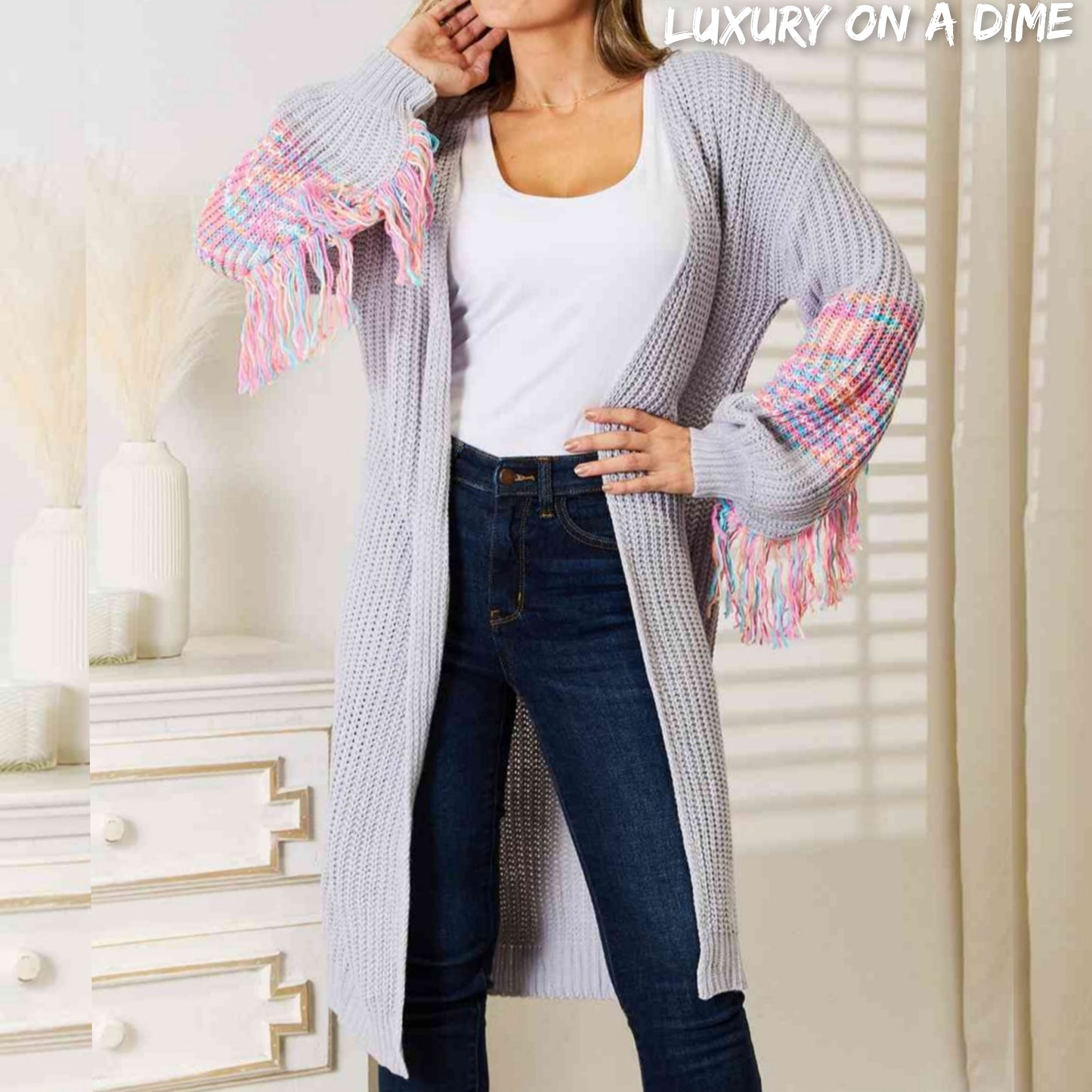 Fringe Retro Waffle Knit Cardigan Sleeve Colorful Open Front Sweater Duster