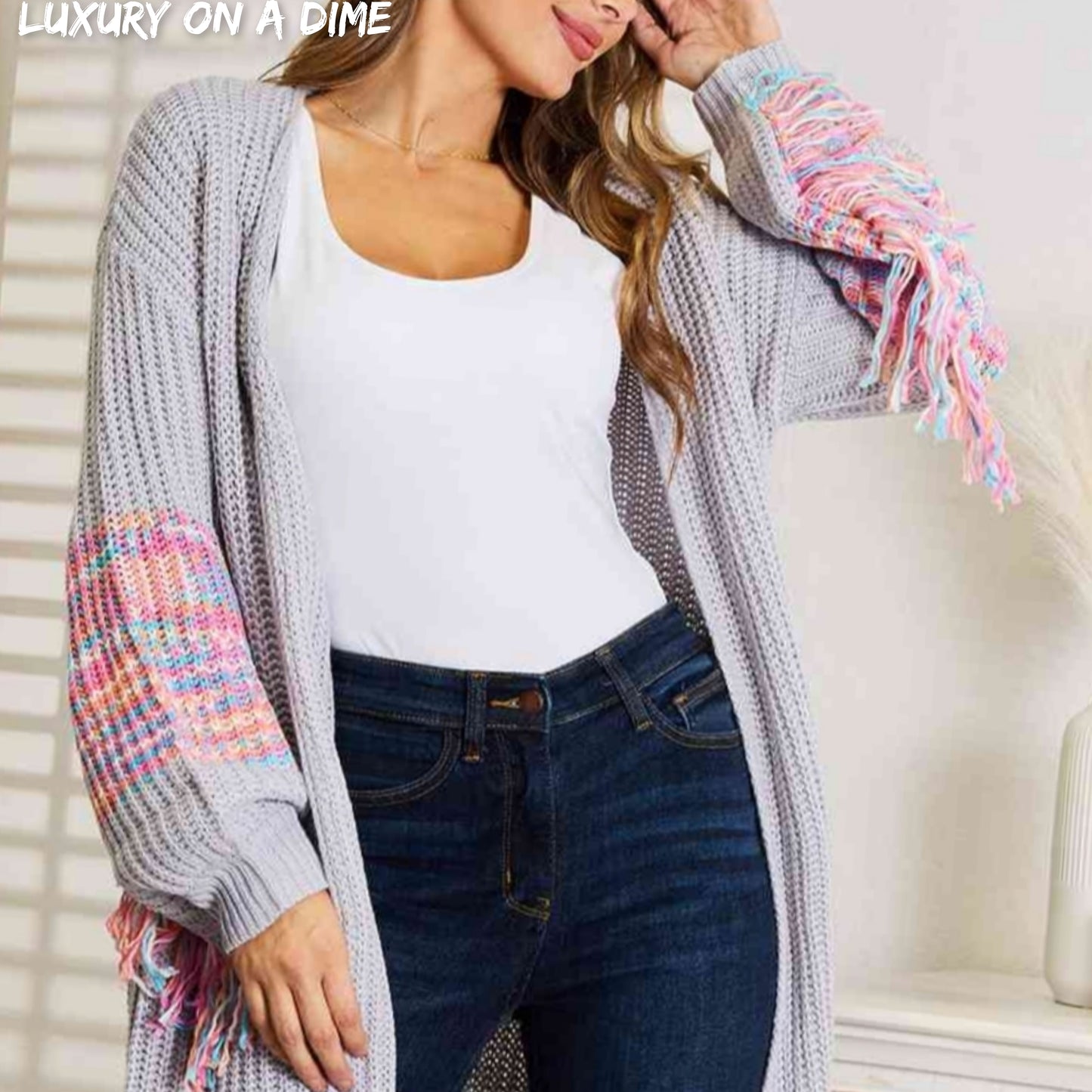 Fringe Retro Waffle Knit Cardigan Sleeve Colorful Open Front Sweater Duster