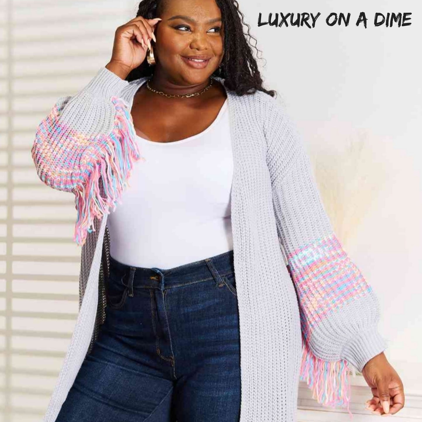 Fringe Retro Waffle Knit Cardigan Sleeve Colorful Open Front Sweater Duster