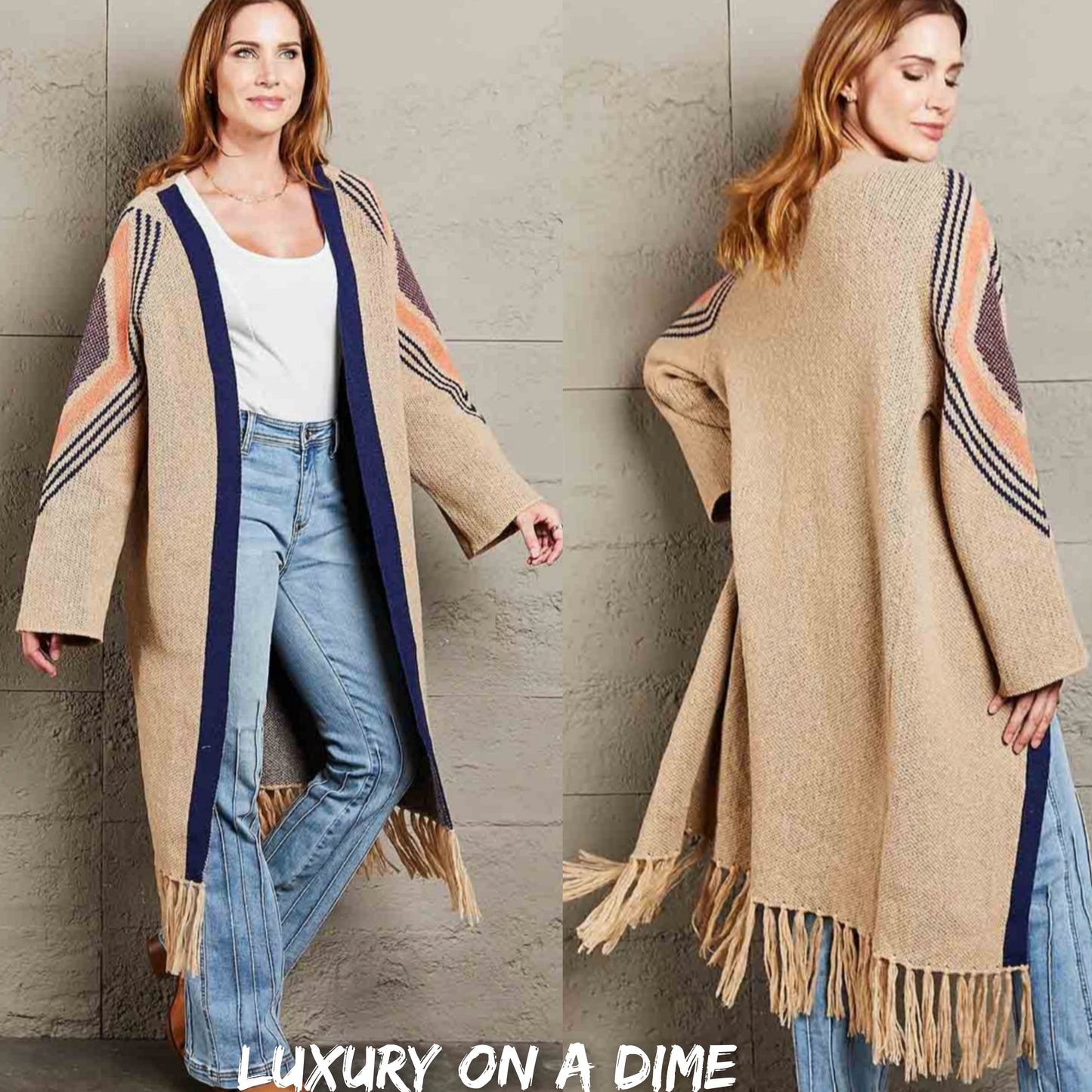 Fringe Retro Geometric Knit Cardigan Sleeve Colorful Open Front Sweater Duster