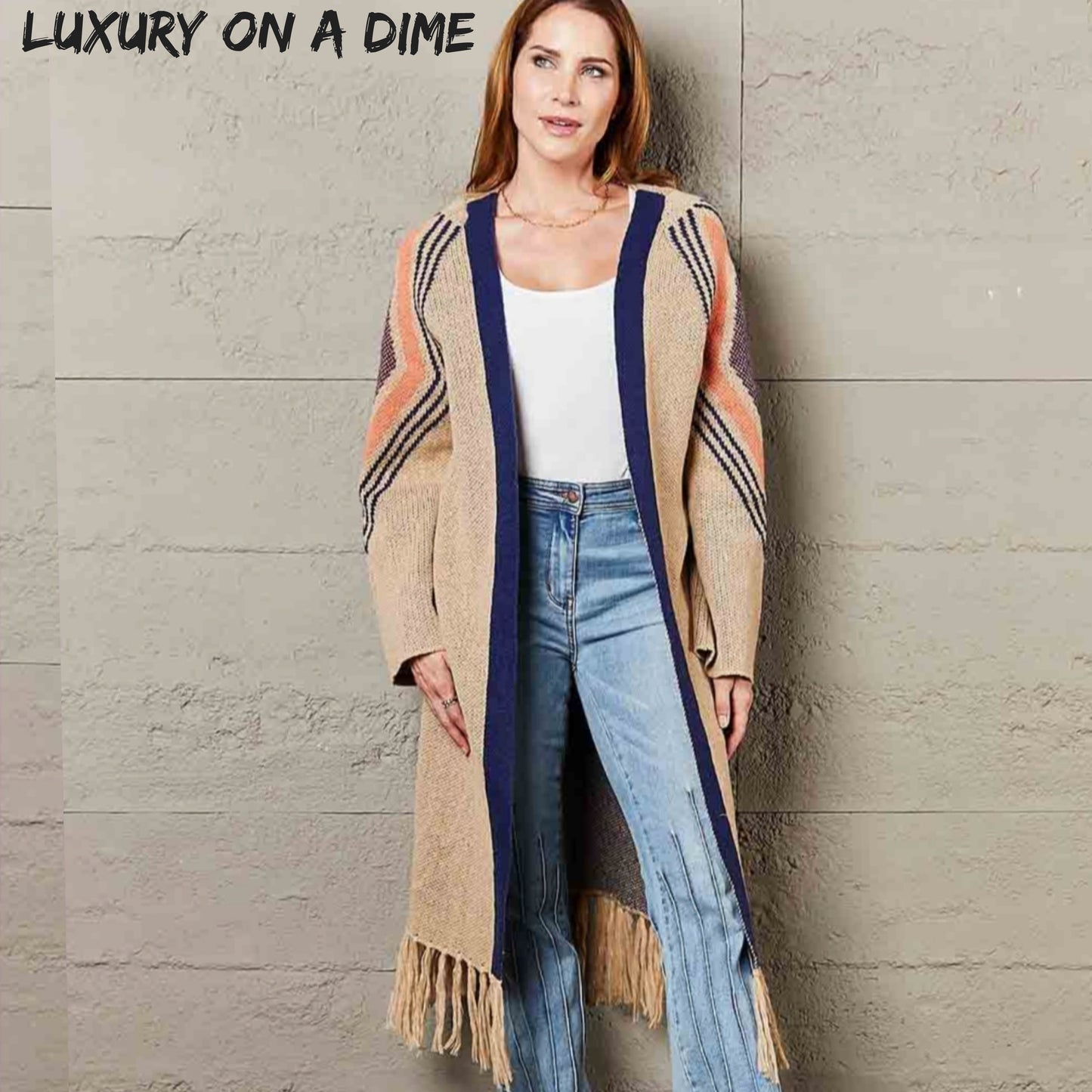 Fringe Retro Geometric Knit Cardigan Sleeve Colorful Open Front Sweater Duster
