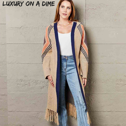 Fringe Retro Geometric Knit Cardigan Sleeve Colorful Open Front Sweater Duster