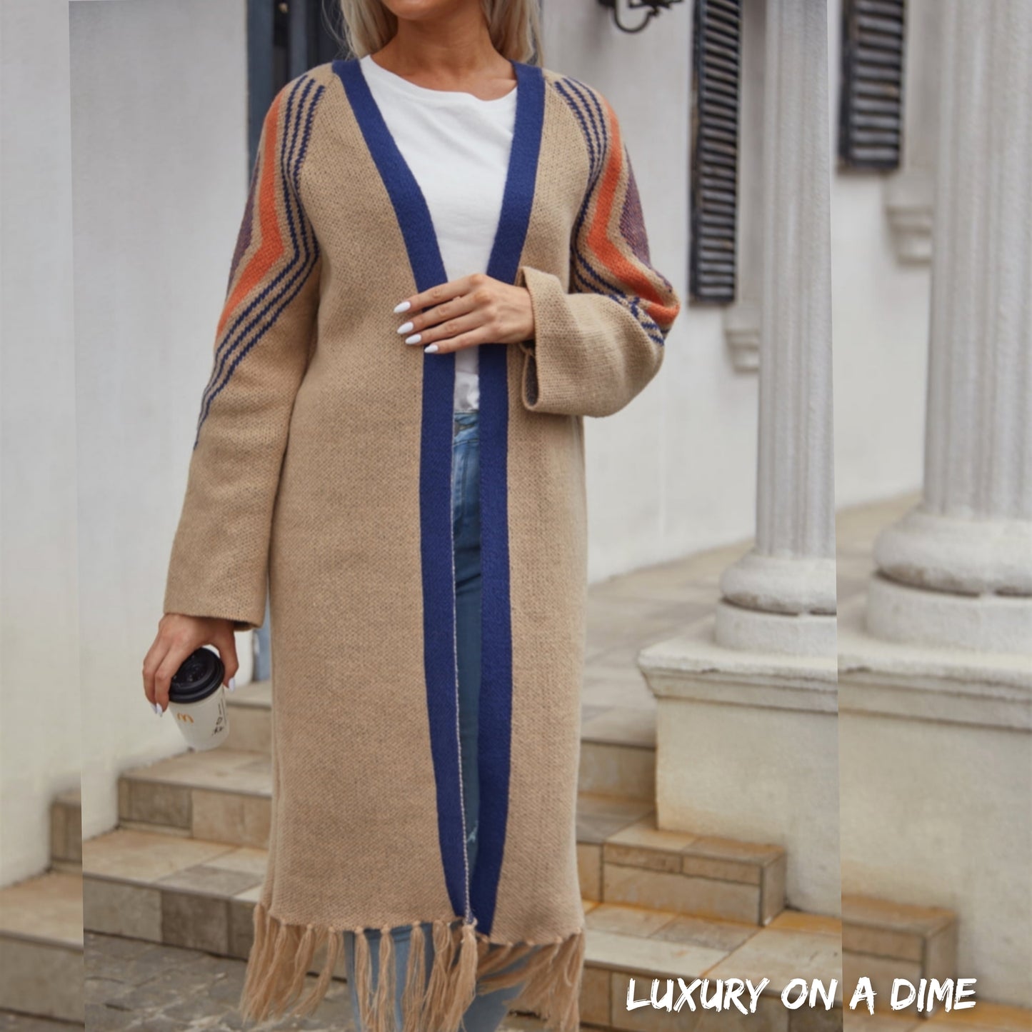 Fringe Retro Geometric Knit Cardigan Sleeve Colorful Open Front Sweater Duster