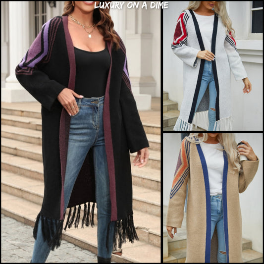 Fringe Retro Geometric Knit Cardigan Sleeve Colorful Open Front Sweater Duster