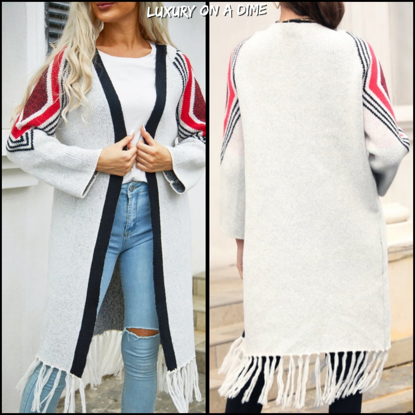 Fringe Retro Geometric Knit Cardigan Sleeve Colorful Open Front Sweater Duster