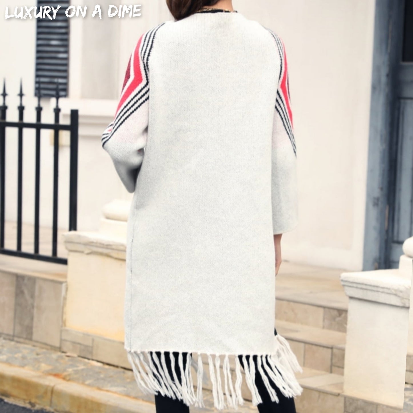 Fringe Retro Geometric Knit Cardigan Sleeve Colorful Open Front Sweater Duster