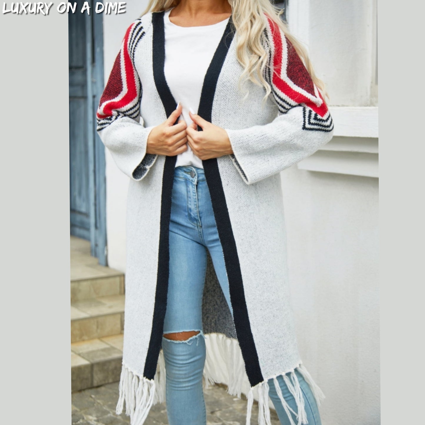 Fringe Retro Geometric Knit Cardigan Sleeve Colorful Open Front Sweater Duster