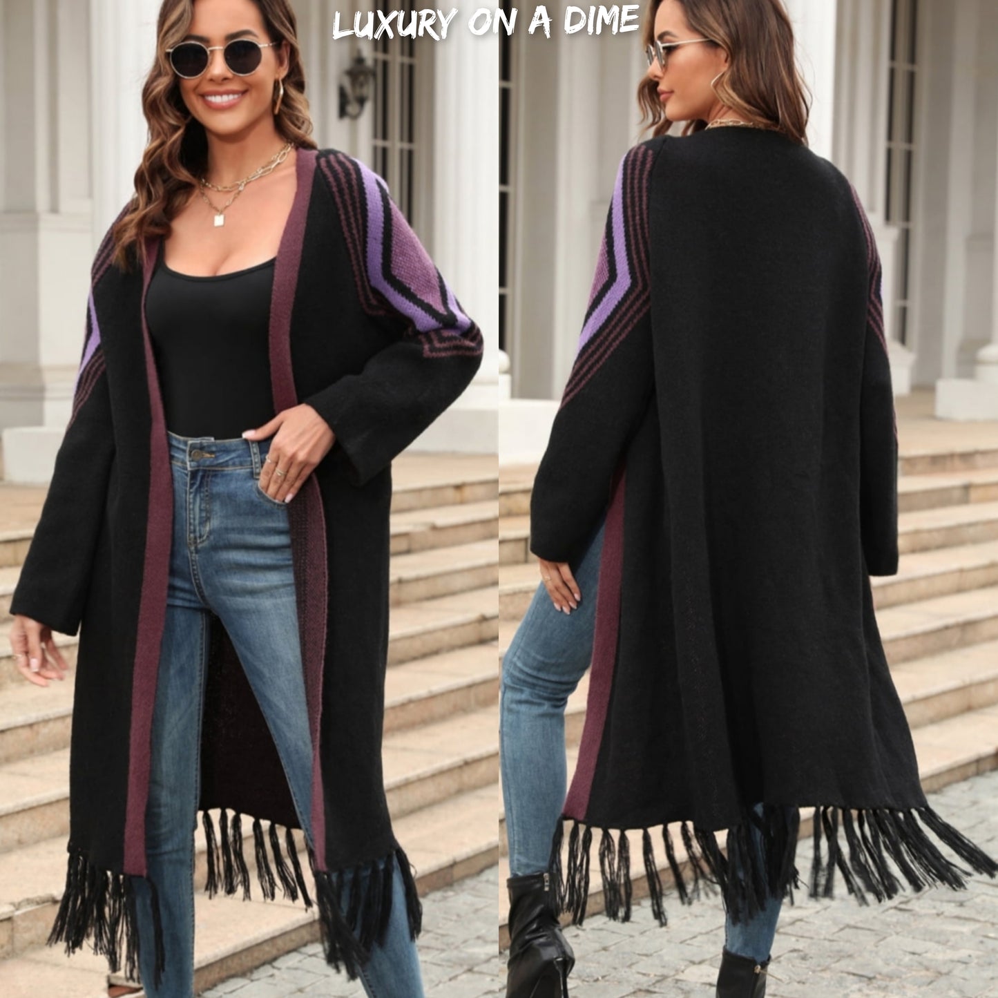 Fringe Retro Geometric Knit Cardigan Sleeve Colorful Open Front Sweater Duster