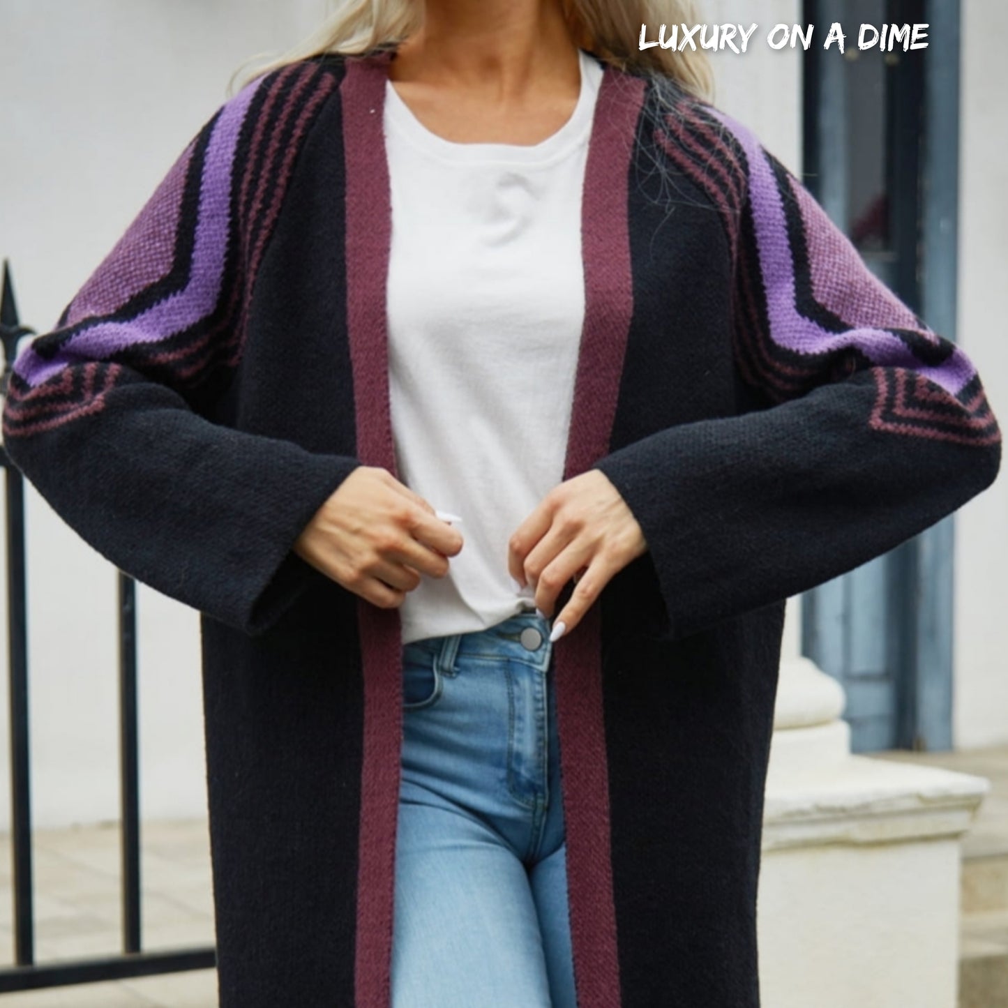 Fringe Retro Geometric Knit Cardigan Sleeve Colorful Open Front Sweater Duster