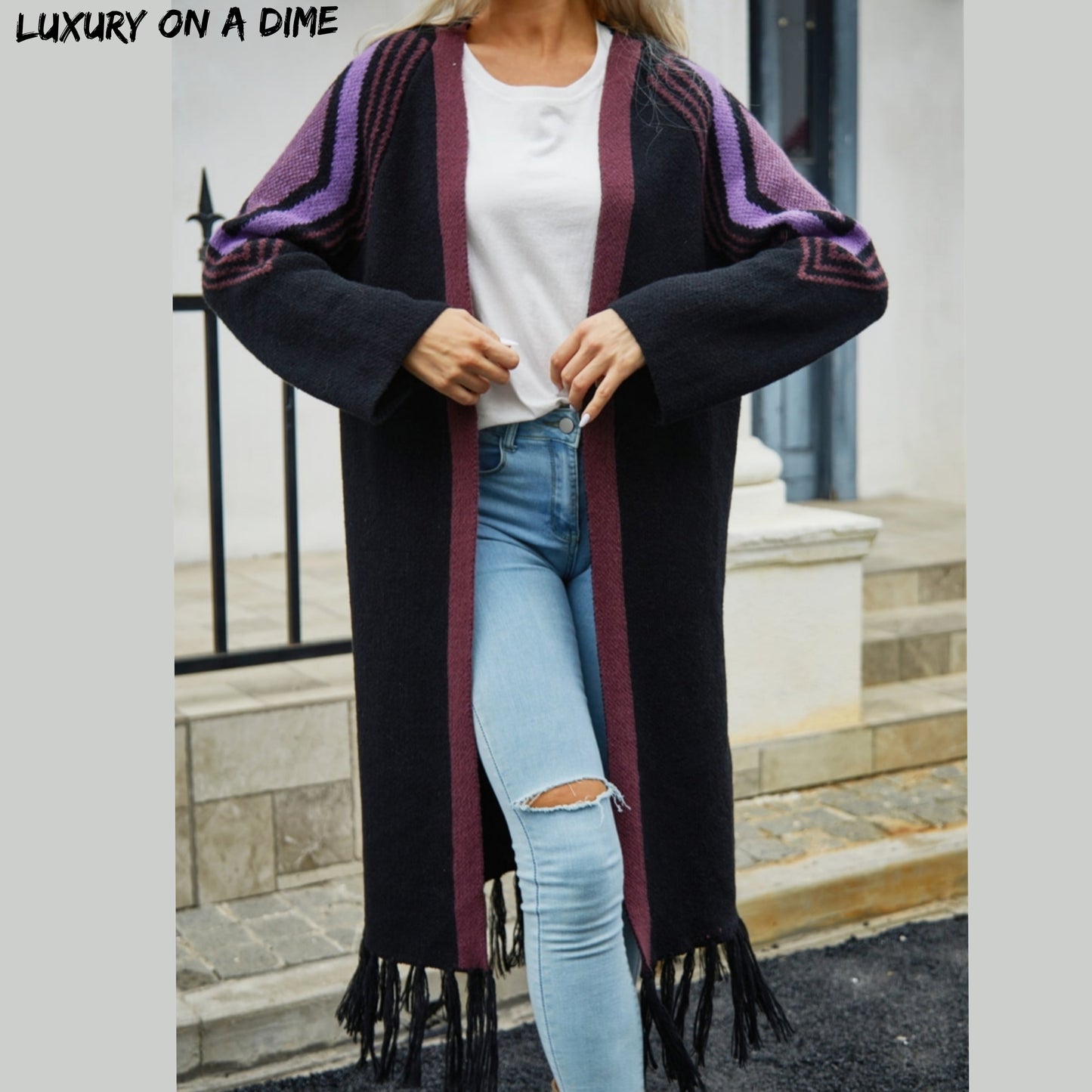 Fringe Retro Geometric Knit Cardigan Sleeve Colorful Open Front Sweater Duster