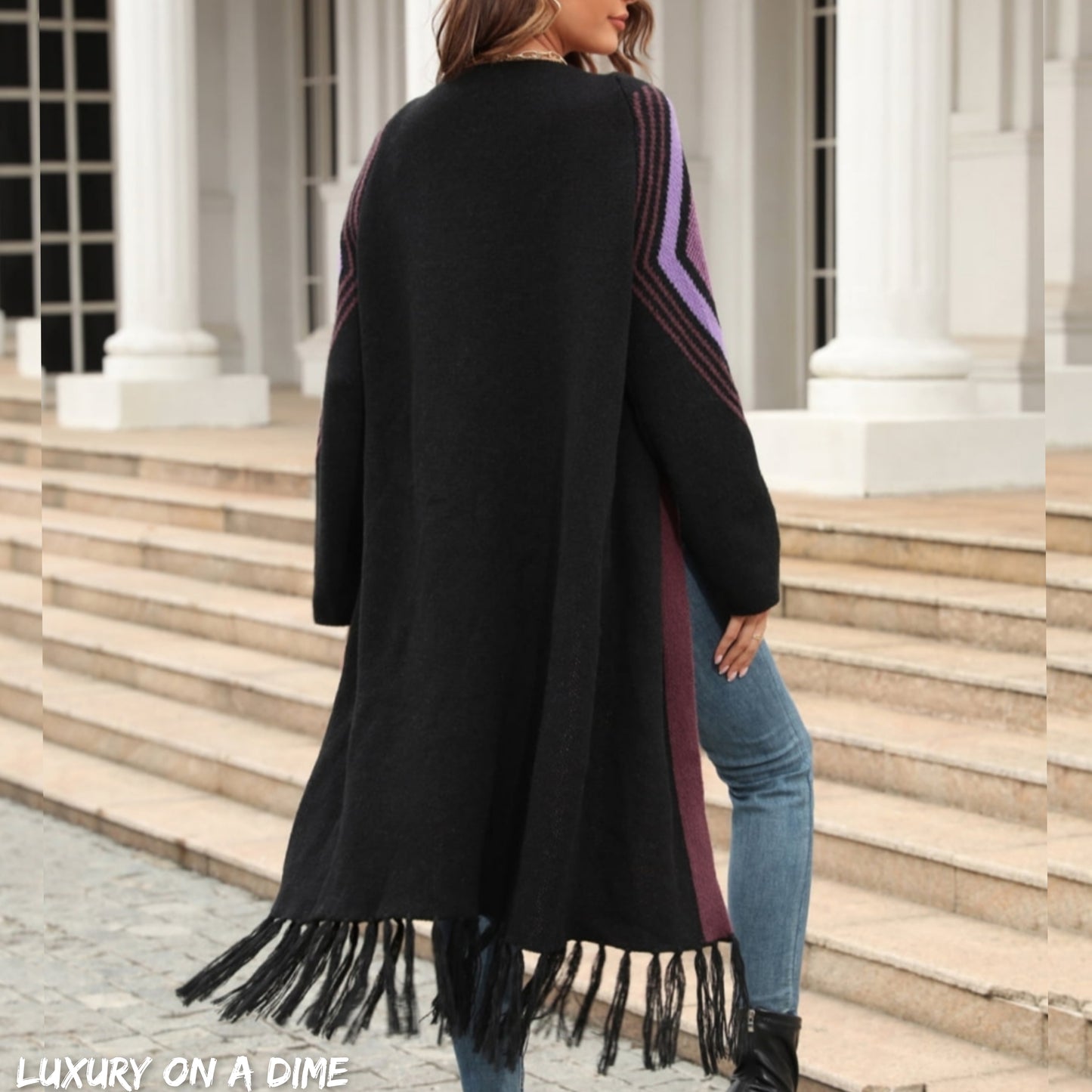Fringe Retro Geometric Knit Cardigan Sleeve Colorful Open Front Sweater Duster