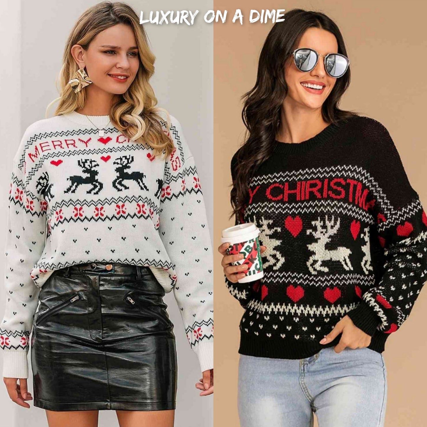 Reindeer Heart Knit Round Neck Holiday Long Sleeve Fair Isle Christmas Sweater