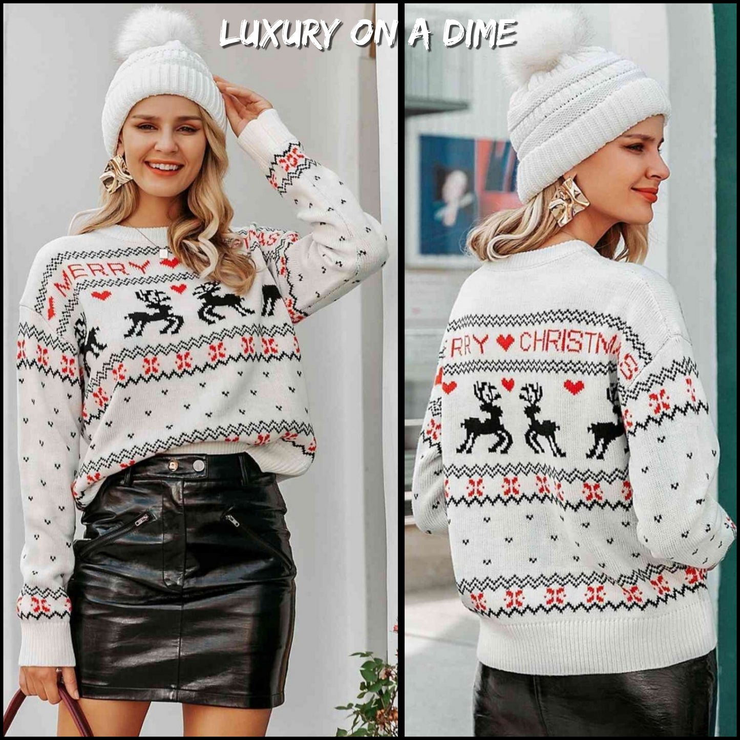 Reindeer Heart Knit Round Neck Holiday Long Sleeve Fair Isle Christmas Sweater