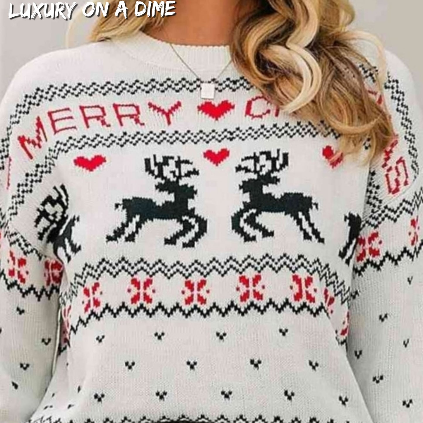 Reindeer Heart Knit Round Neck Holiday Long Sleeve Fair Isle Christmas Sweater