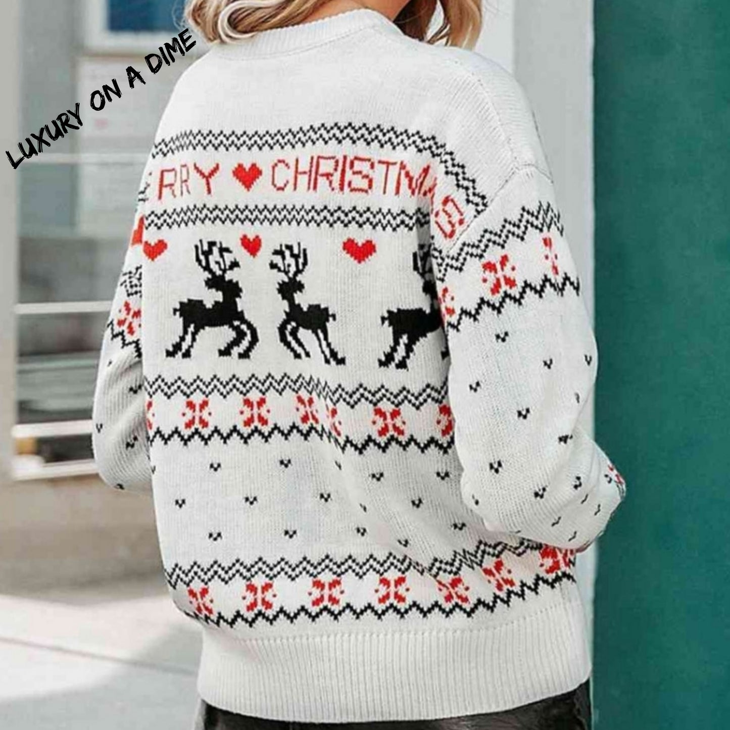 Reindeer Heart Knit Round Neck Holiday Long Sleeve Fair Isle Christmas Sweater