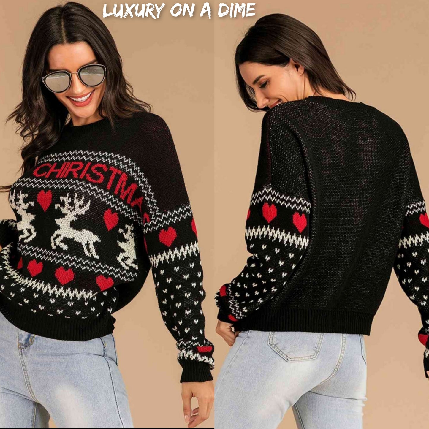 Reindeer Heart Knit Round Neck Holiday Long Sleeve Fair Isle Christmas Sweater