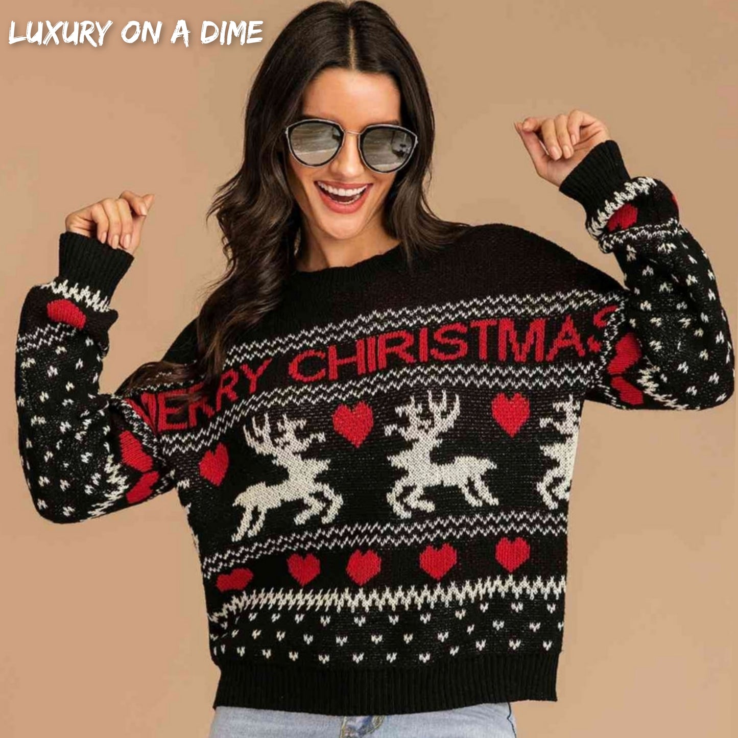 Reindeer Heart Knit Round Neck Holiday Long Sleeve Fair Isle Christmas Sweater
