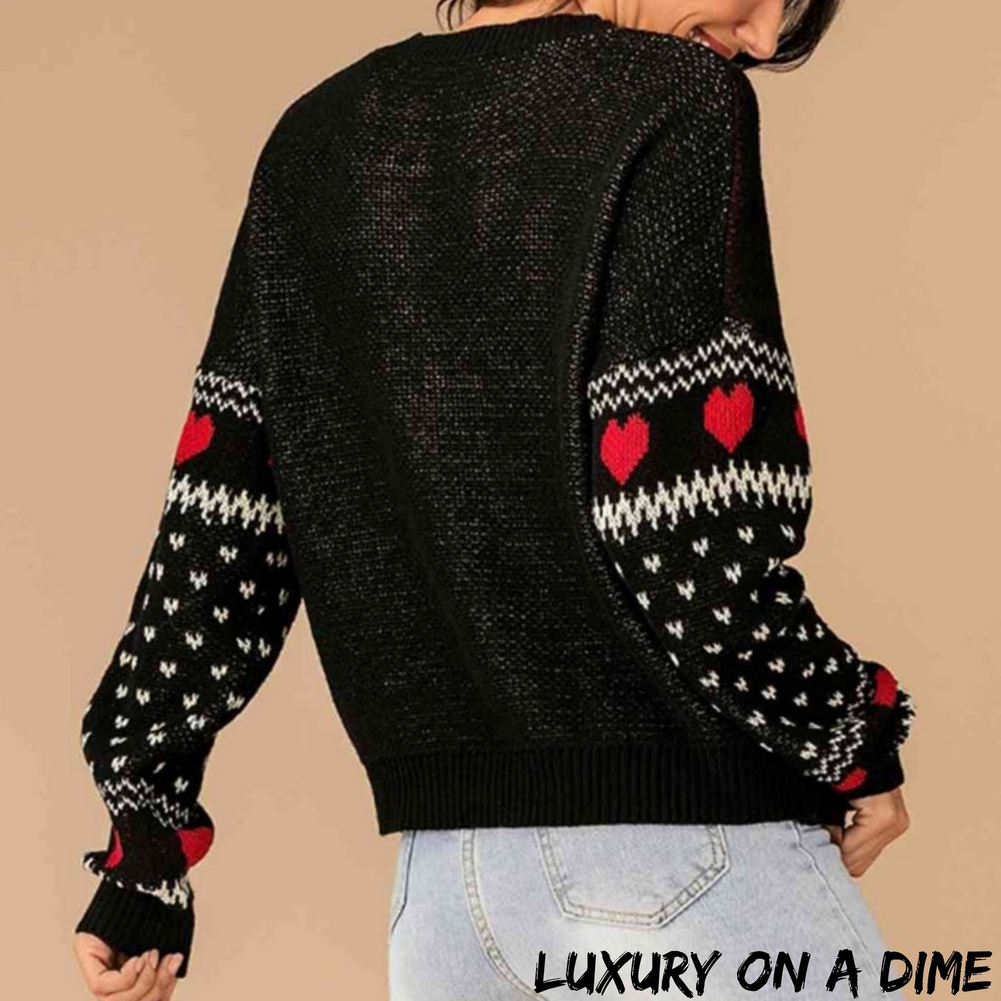 Reindeer Heart Knit Round Neck Holiday Long Sleeve Fair Isle Christmas Sweater
