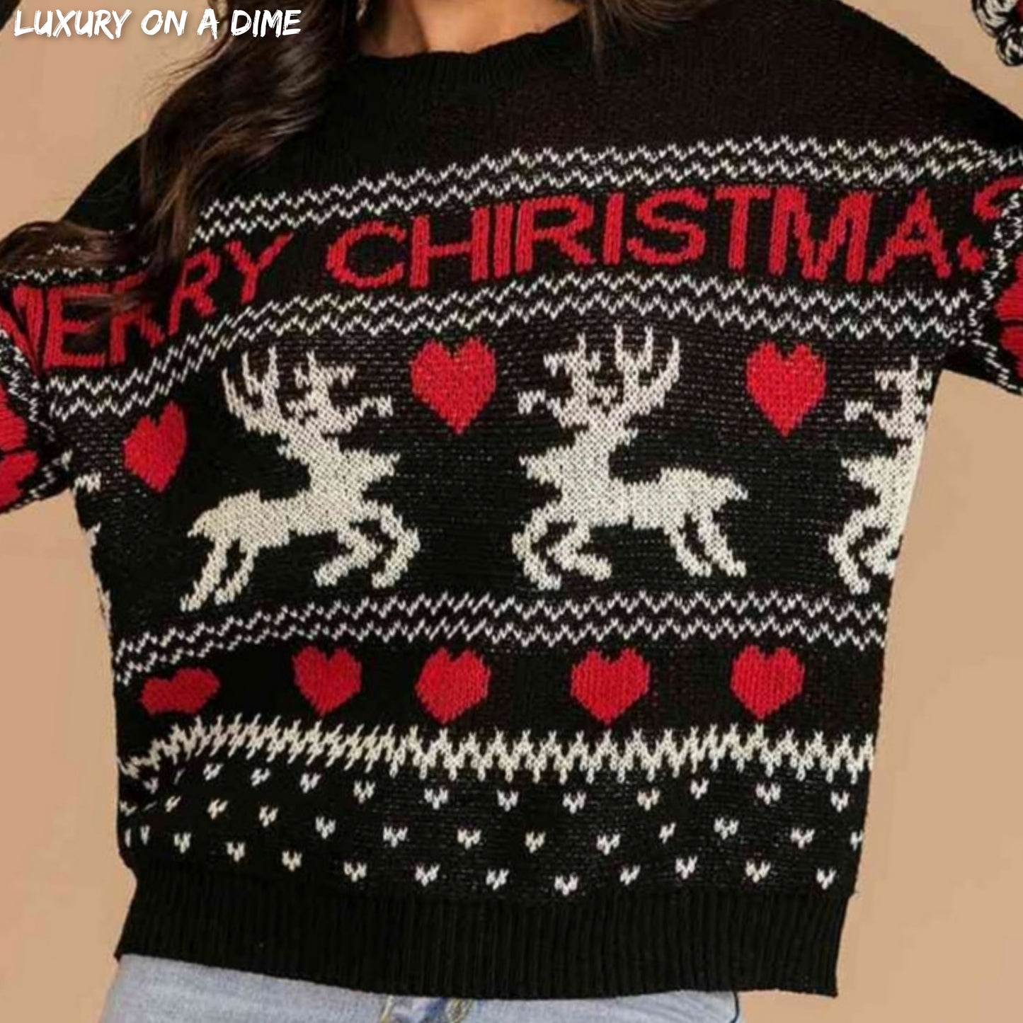 Reindeer Heart Knit Round Neck Holiday Long Sleeve Fair Isle Christmas Sweater