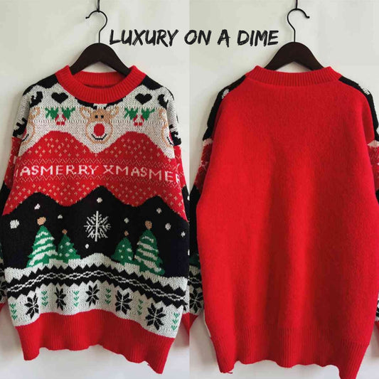 Merry Xmas Red Nose Reindeer Knit Round Neck Holiday Fair Isle Christmas Night Sweater