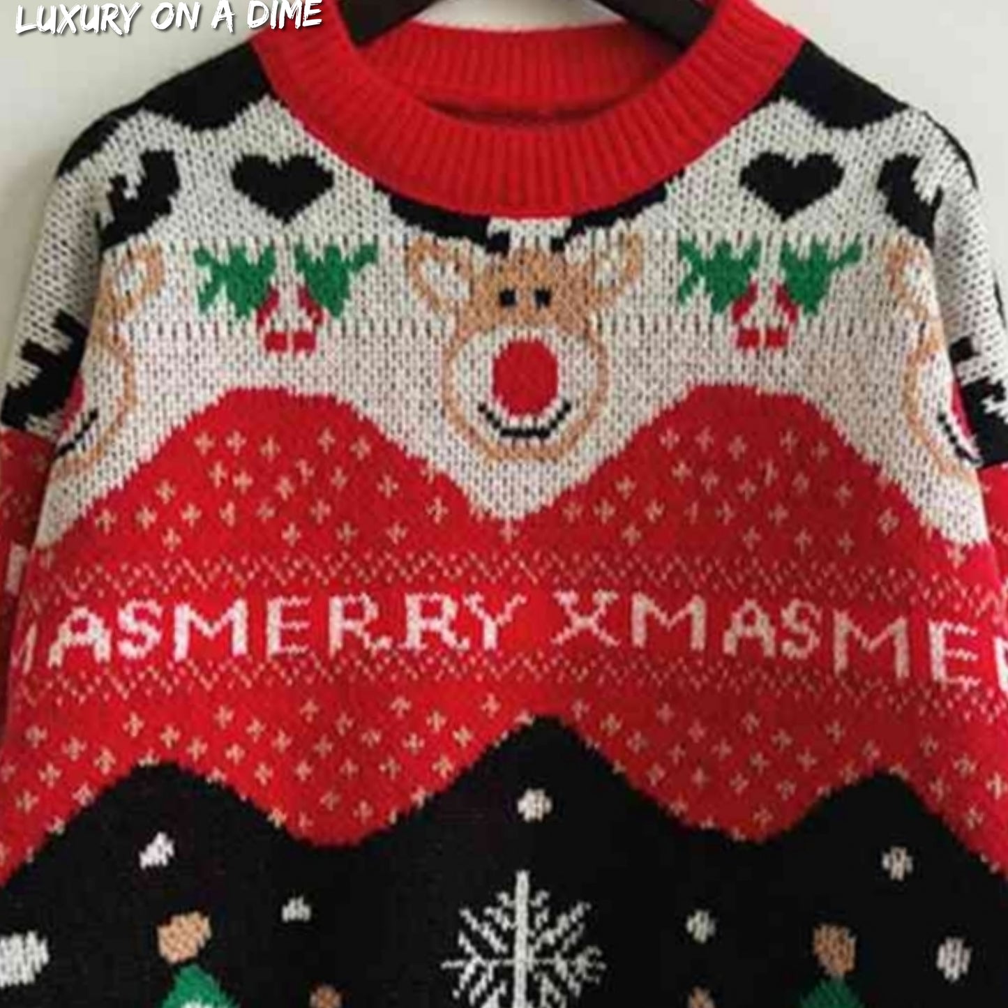 Merry Xmas Red Nose Reindeer Knit Round Neck Holiday Fair Isle Christmas Night Sweater