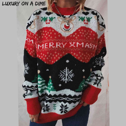 Merry Xmas Red Nose Reindeer Knit Round Neck Holiday Fair Isle Christmas Night Sweater