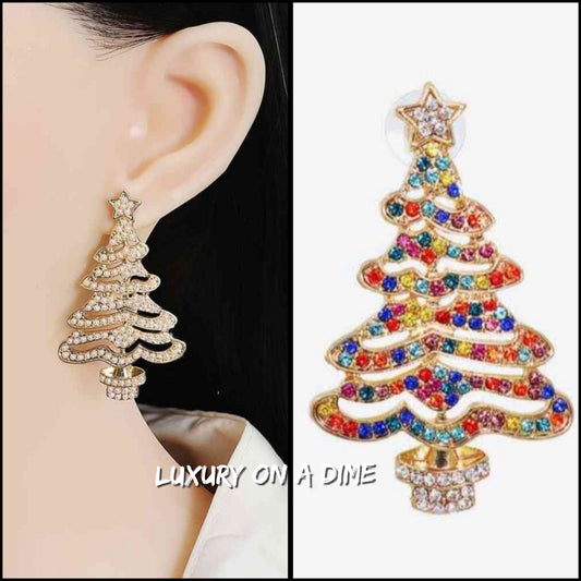 Christmas Tree Earrings Colorful Rhinestone or Faux Pearl Holiday Fashion Jewelry
