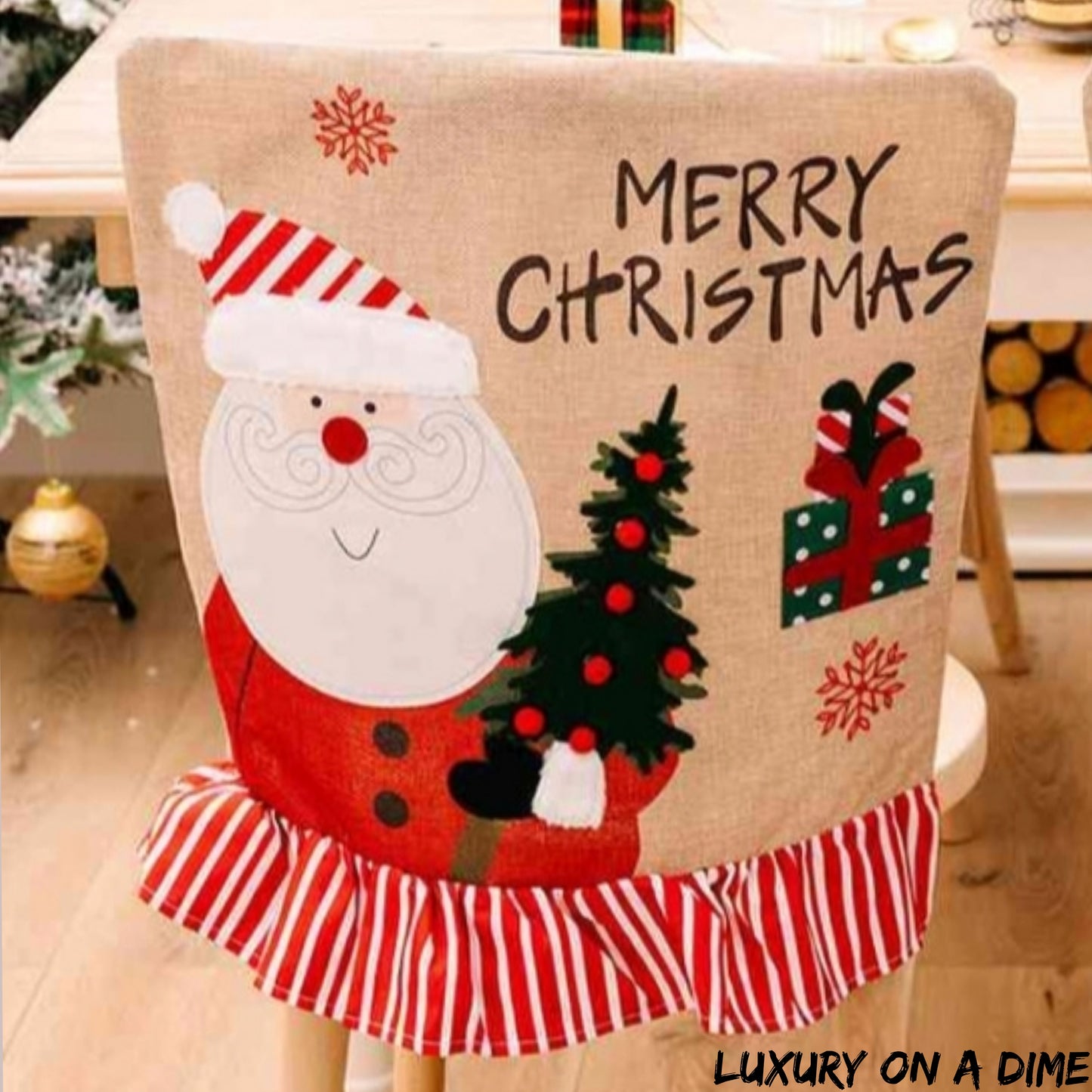 Merry Christmas Santa Snowman Festive Farmhouse Chair Slip Cover Home Decor