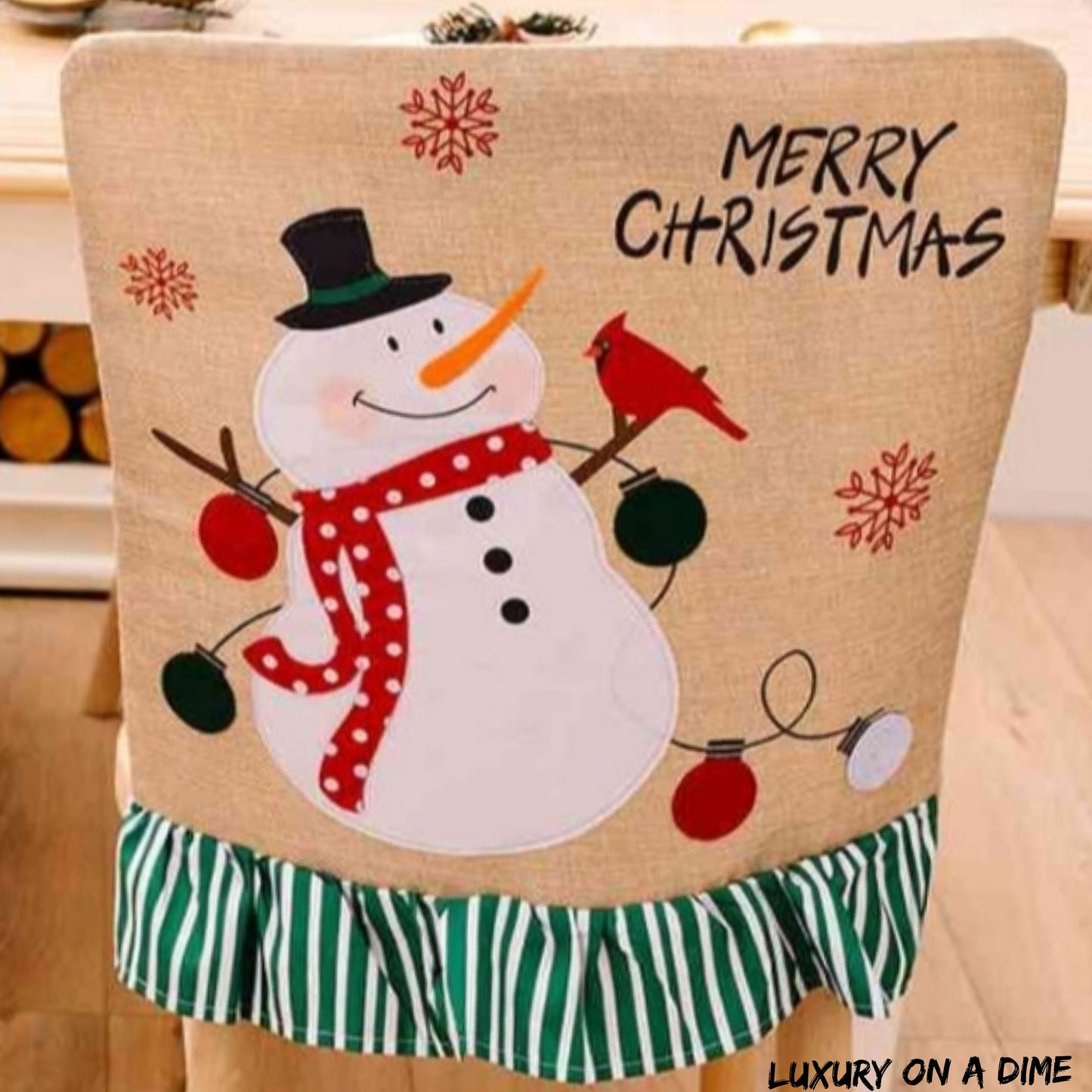 Merry Christmas Santa Snowman Festive Farmhouse Chair Slip Cover Home Decor