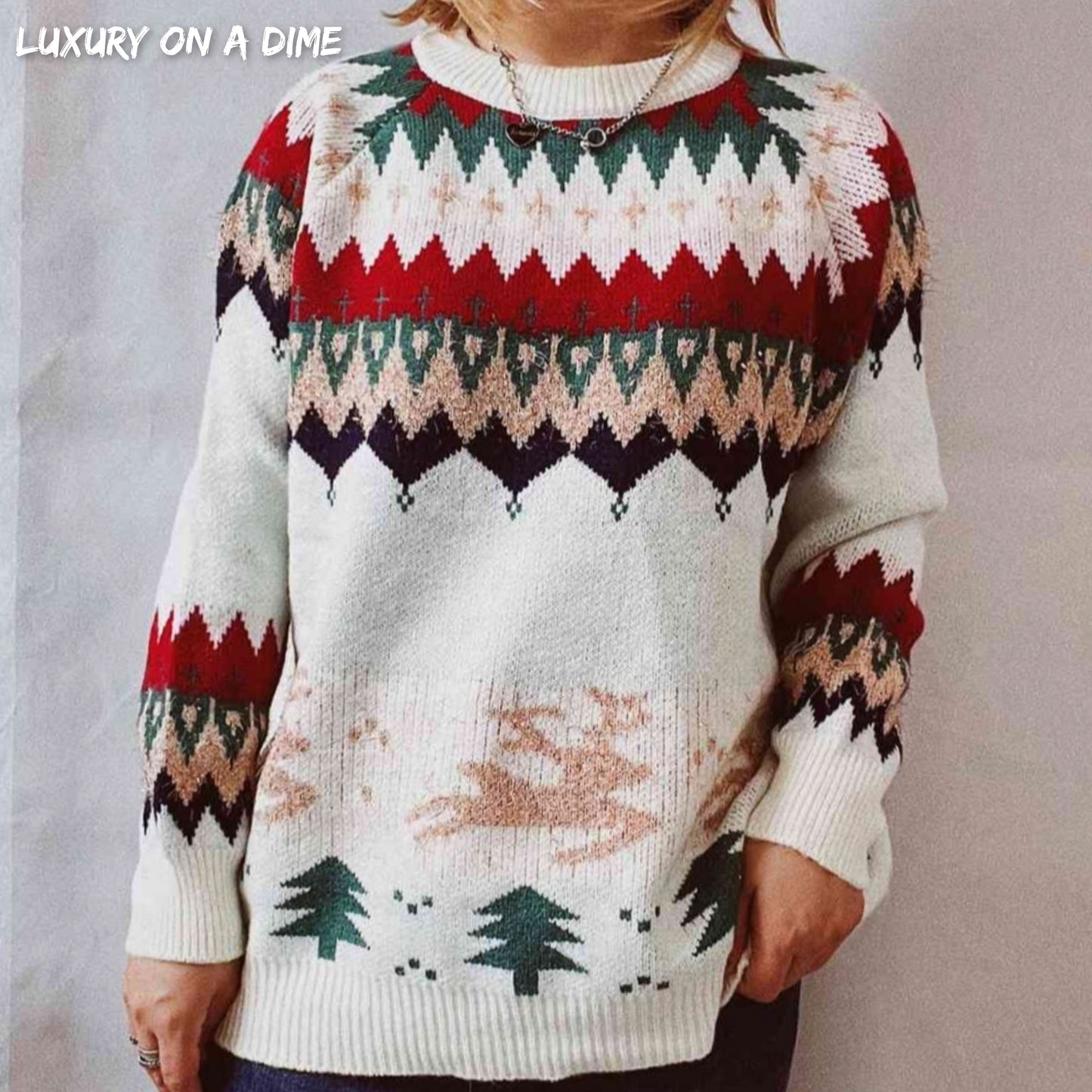 Reindeer Bold Knit Round Neck Classy Holiday Fair Isle Christmas Sweater