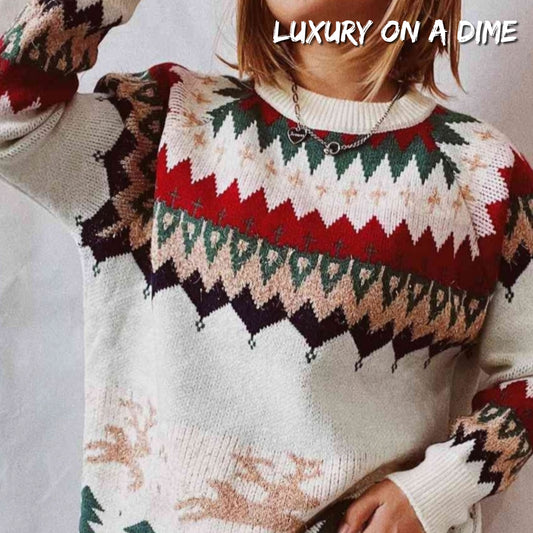 Reindeer Bold Knit Round Neck Classy Holiday Fair Isle Christmas Sweater