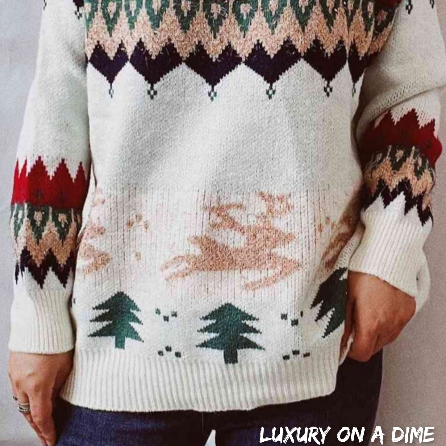 Reindeer Bold Knit Round Neck Classy Holiday Fair Isle Christmas Sweater