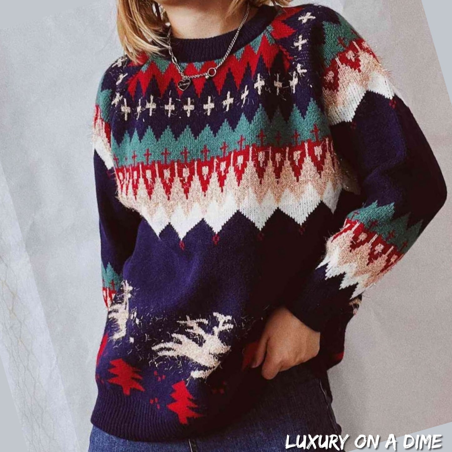 Reindeer Bold Knit Round Neck Classy Holiday Fair Isle Christmas Sweater