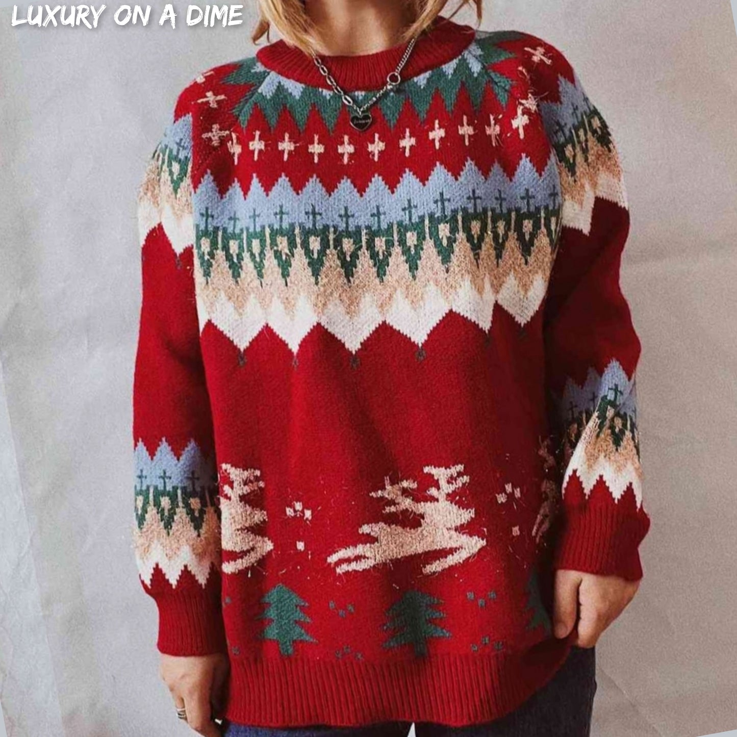 Reindeer Bold Knit Round Neck Classy Holiday Fair Isle Christmas Sweater