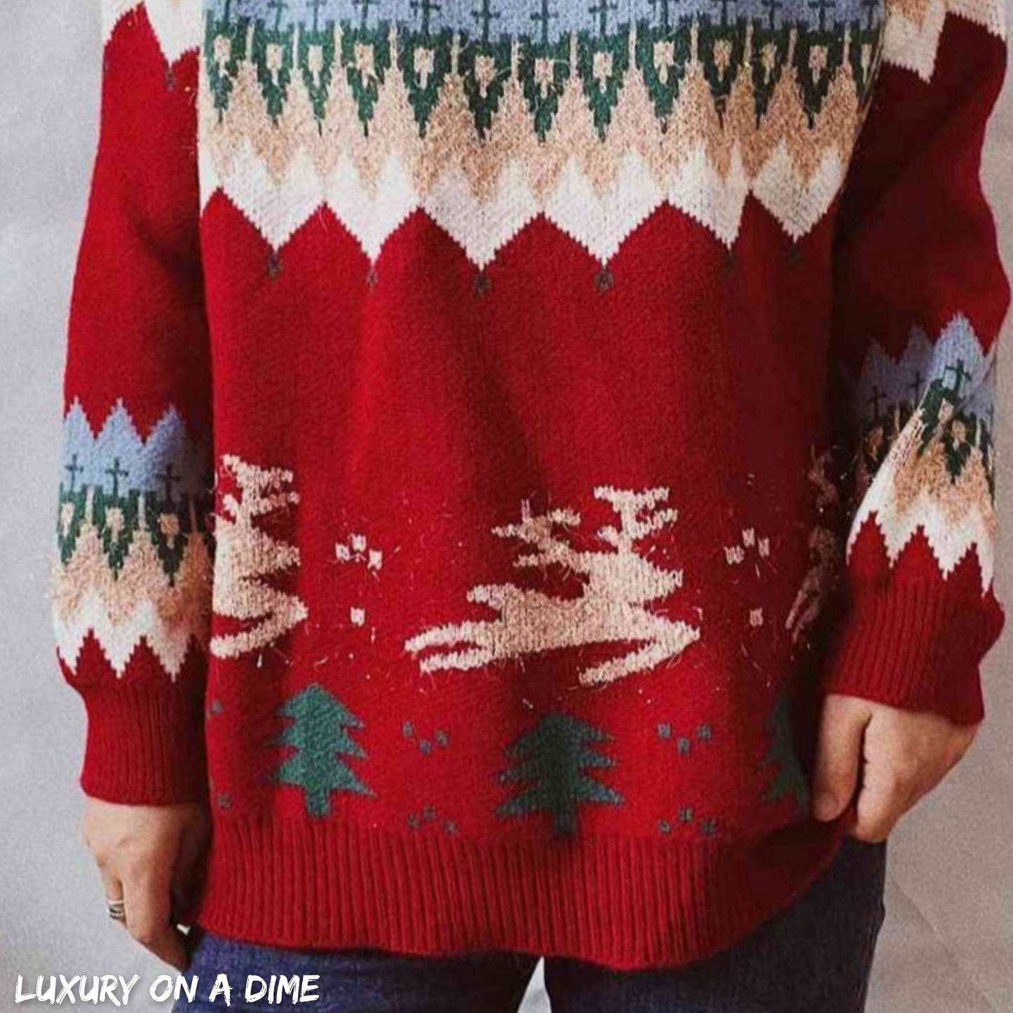 Reindeer Bold Knit Round Neck Classy Holiday Fair Isle Christmas Sweater