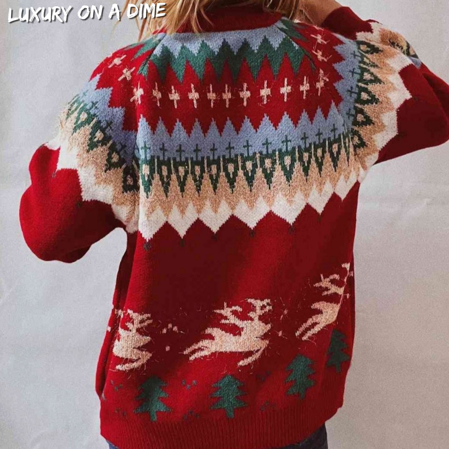 Reindeer Bold Knit Round Neck Classy Holiday Fair Isle Christmas Sweater