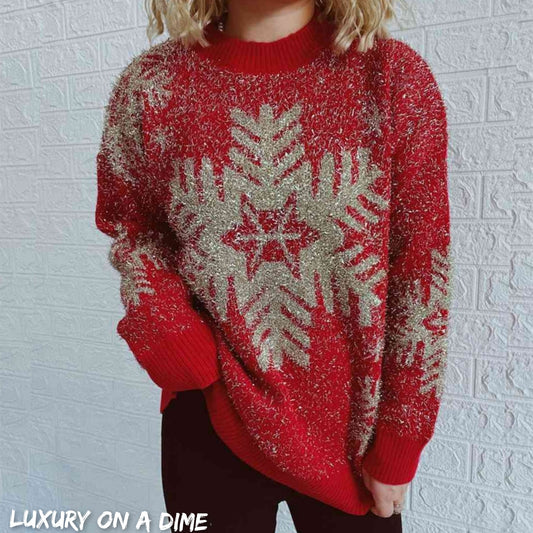 Fuzzy Red Gold Bold Knit Round Neck Classy Holiday Christmas Winter Sweater