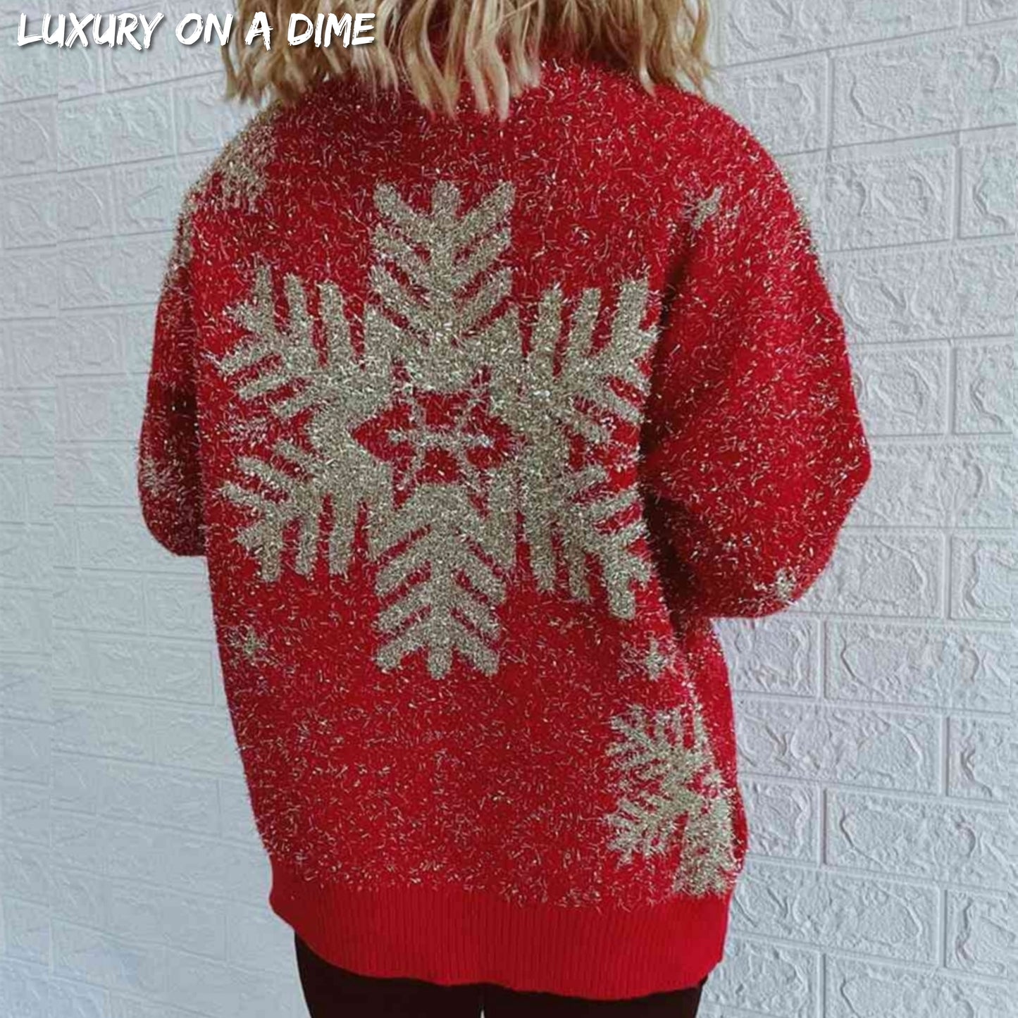 Fuzzy Red Gold Bold Knit Round Neck Classy Holiday Christmas Winter Sweater