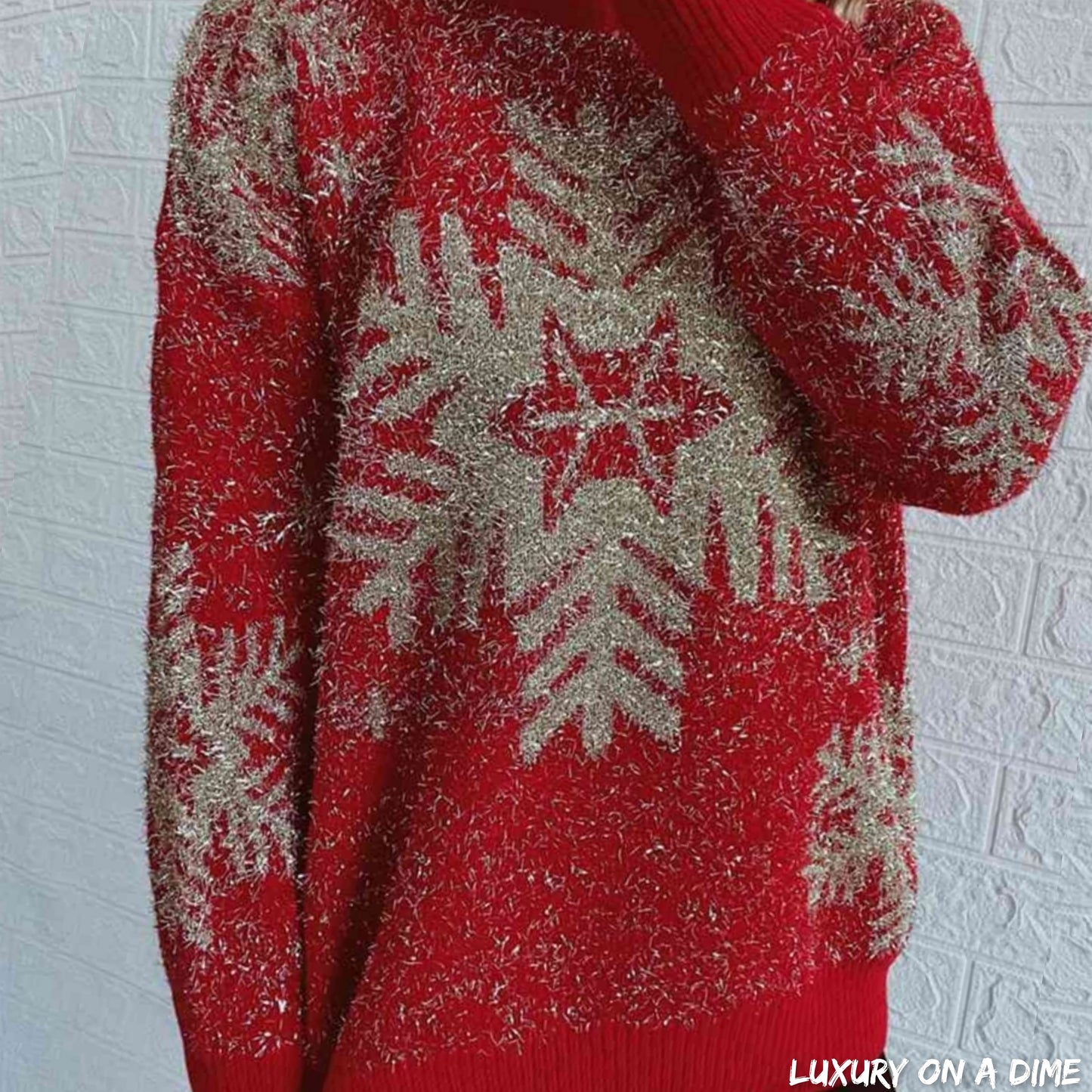Fuzzy Red Gold Bold Knit Round Neck Classy Holiday Christmas Winter Sweater
