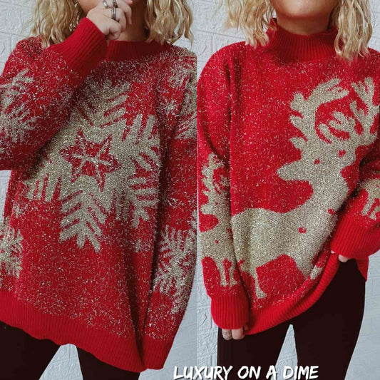 Fuzzy Red Gold Bold Knit Round Neck Classy Holiday Christmas Winter Sweater